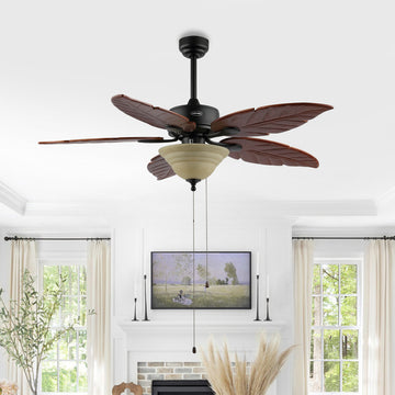 Poinciana 52" Coastal Bohemian Iron/Wood Palm Leaf LED Ceiling Fan with Pull Chain - JONATHAN Y